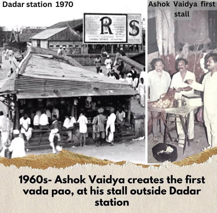 Historical collage of Dadar Station and the early Ashok Vaidya stall